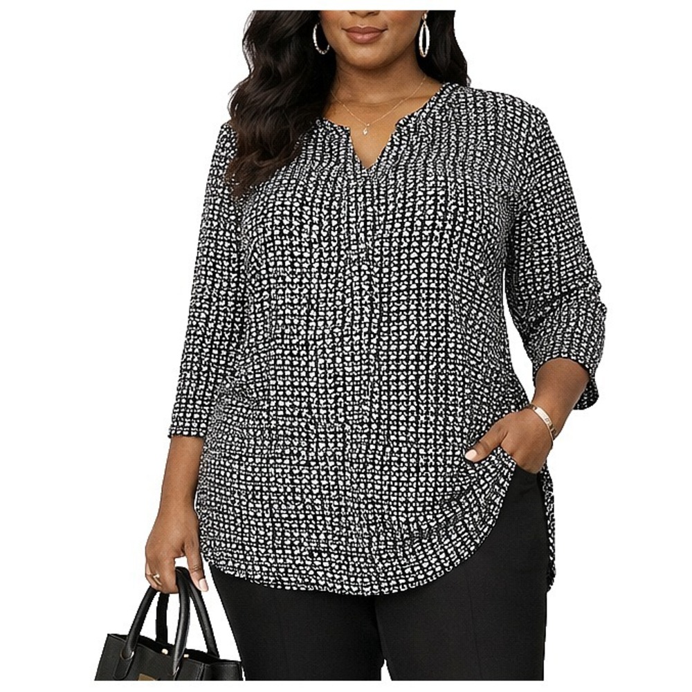 TAHARI Size 2X Black & White Dainty Floral Print Popover Business Casual‎ Blouse